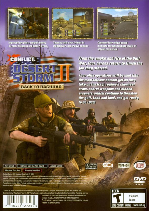 
Conflict: Desert Storm II - Back to Baghdad | PlayStation 2 | back cover | Region: North America | source-country=Canada,United States | Data by MobyGames.com