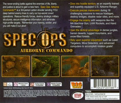 Spec Ops: Airborne Commando | PlayStation | back cover | region=North America | source-country=Canada,United States | zypher-v2 | moby-23509ebd9920 | Data by MobyGames.com