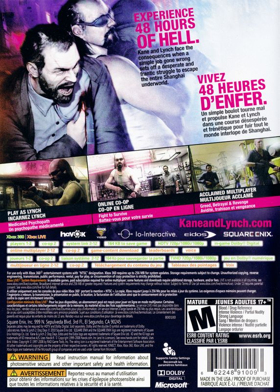 
Kane & Lynch 2: Dog Days | Xbox 360 | back cover | Data by MobyGames.com