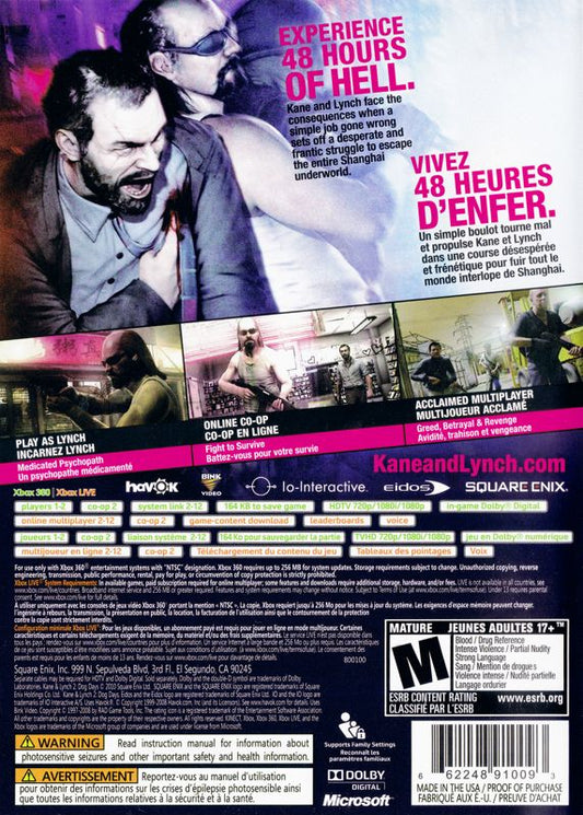 Kane & Lynch 2: Dog Days | Xbox 360 | back cover | region=North America | source-country=Canada | zypher-v2 | moby-132863c192ac | Data by MobyGames.com