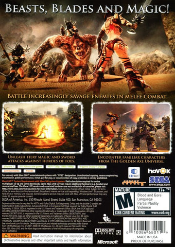 
Golden Axe: Beast Rider | Xbox 360 | back cover | Region: North America | source-country=United States | Data by MobyGames.com