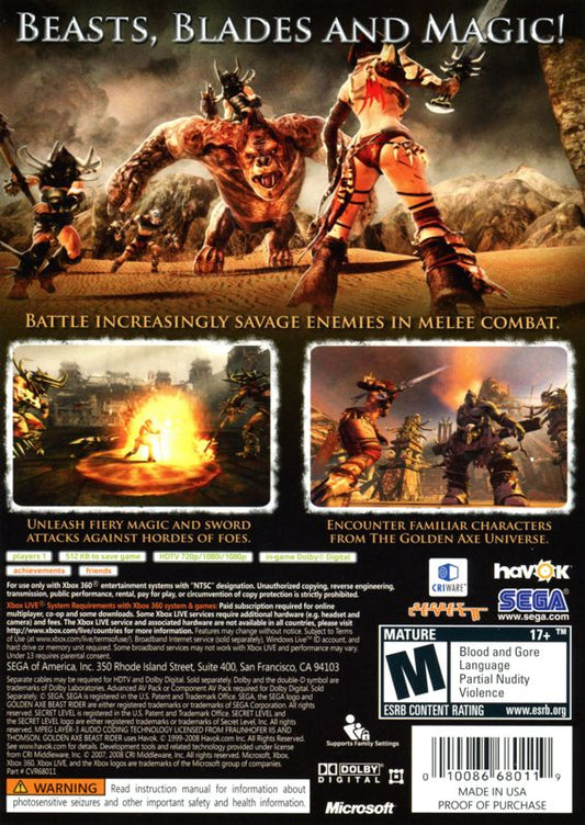 
Golden Axe: Beast Rider | Xbox 360 | back cover | Region: North America | source-country=United States | Data by MobyGames.com