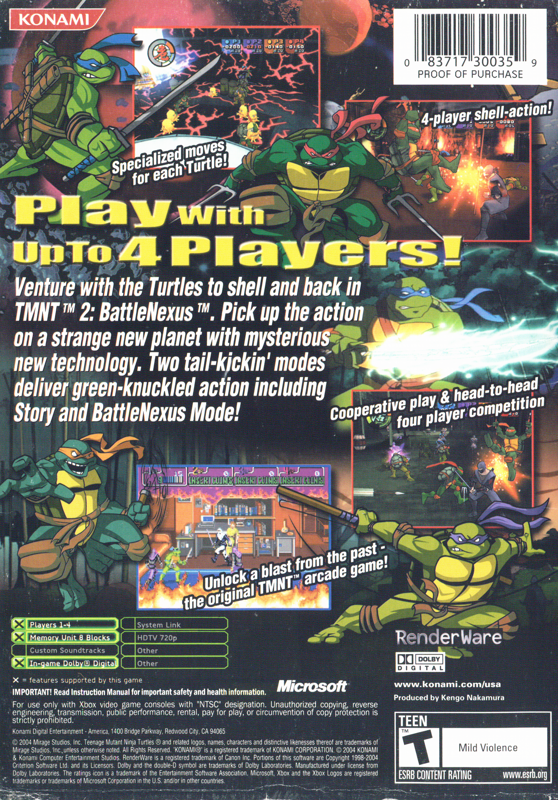 
Teenage Mutant Ninja Turtles 2: Battle Nexus | Xbox | back cover | Data by MobyGames.com