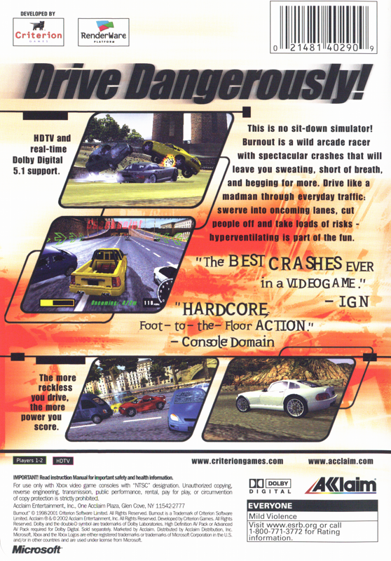 
Burnout | Xbox | back cover | Region: North America | source-country=United States | Data by MobyGames.com