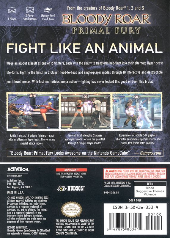 
Bloody Roar: Primal Fury | GameCube | back cover | Data by MobyGames.com