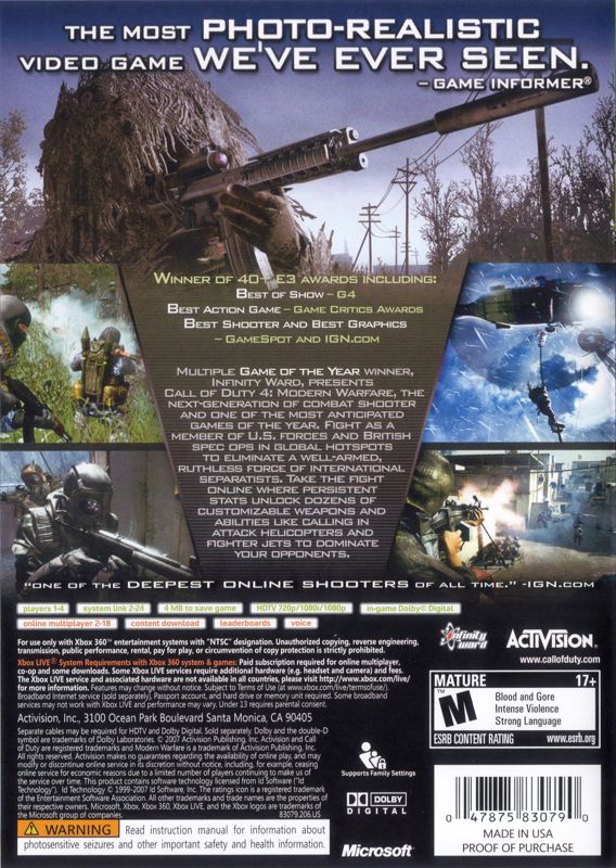 Call of Duty 4: Modern Warfare | Xbox 360 | back cover | region=North America | source-country=United States | zypher-v2 | moby-2be53ee47863 | Data by MobyGames.com