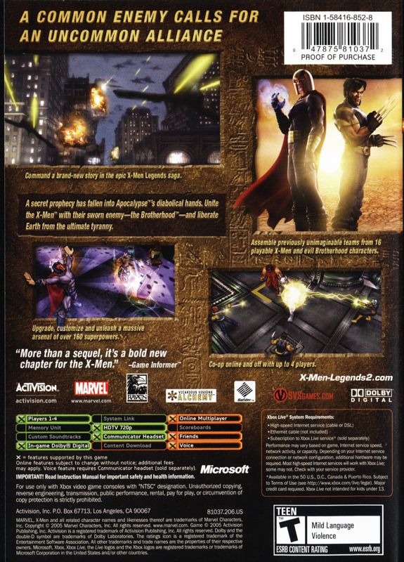 
X-Men: Legends II - Rise of Apocalypse | Xbox | back cover | Region: North America | source-country=Canada,United States | Data by MobyGames.com