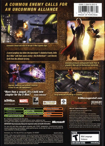
X-Men: Legends II - Rise of Apocalypse | Xbox | back cover | Region: North America | source-country=Canada,United States | Data by MobyGames.com