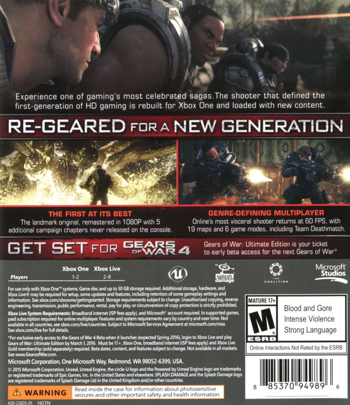 
Gears of War: Ultimate Edition | Xbox One | back cover | Data by MobyGames.com