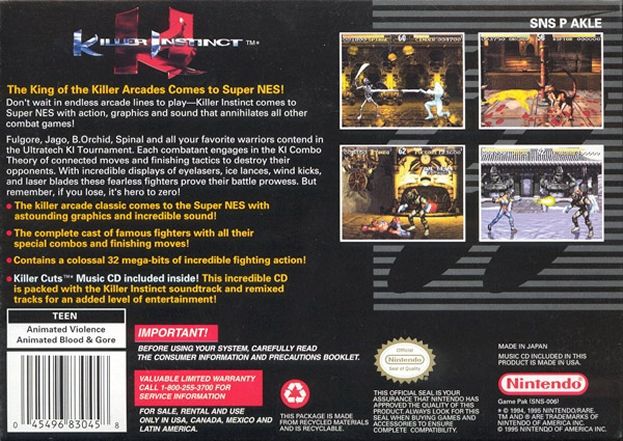
Killer Instinct | SNES | back cover | Data by MobyGames.com