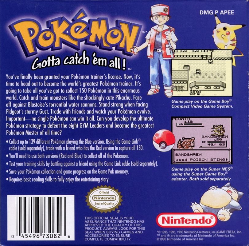 Pokémon Blue Version | Game Boy | back cover | region=North America | source-country=United States | zypher-v2 | moby-c36e9cf4eb55 | Data by MobyGames.com
