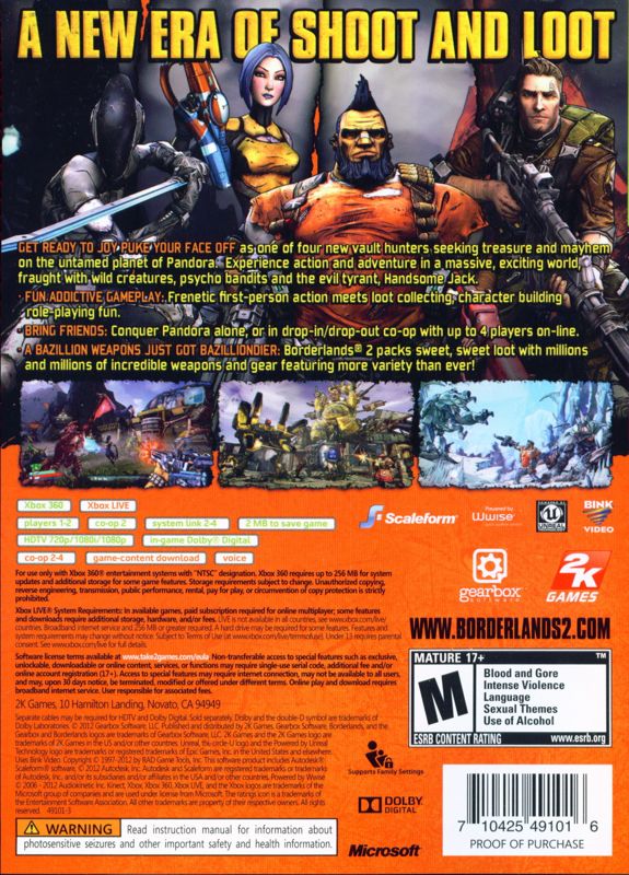 Borderlands 2 | Xbox 360 | back cover | Region: North America | source-country=Canada,United States | Data by MobyGames.com