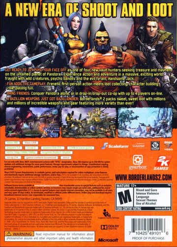 
Borderlands 2 | Xbox 360 | back cover | Region: North America | source-country=Canada,United States | Data by MobyGames.com