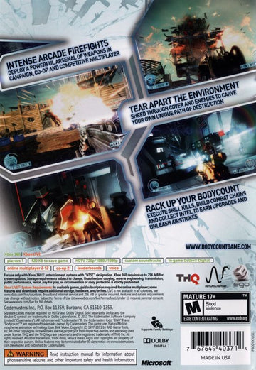 
Bodycount | Xbox 360 | back cover | Region: North America | source-country=United States | Data by MobyGames.com