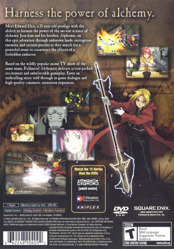 Fullmetal Alchemist and the Broken Angel | PlayStation 2 | back cover | Region: North America | source-country=United States | Data by MobyGames.com