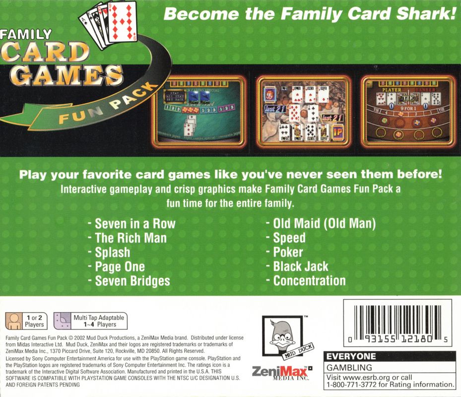 
Family Card Games Fun Pack | PlayStation | back cover | Data by MobyGames.com