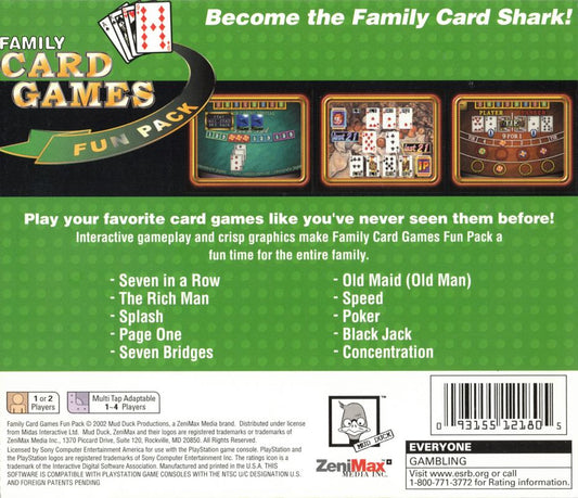 
Family Card Games Fun Pack | PlayStation | back cover | Region: North America | source-country=United States | Data by MobyGames.com