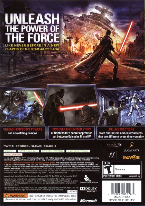 
Star Wars: The Force Unleashed | Xbox 360 | back cover | Region: North America | source-country=United States | Data by MobyGames.com