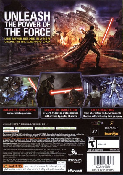 
Star Wars: The Force Unleashed | Xbox 360 | back cover | Region: North America | source-country=United States | Data by MobyGames.com