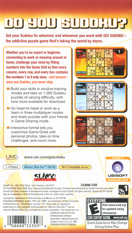 Go! Sudoku | PSP | back cover | region=North America | source-country=United States | zypher-v2 | moby-1dd145f1c481 | Data by MobyGames.com