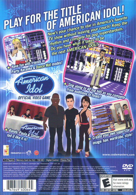 
American Idol | PlayStation 2 | back cover | Region: North America | source-country=United States | Data by MobyGames.com