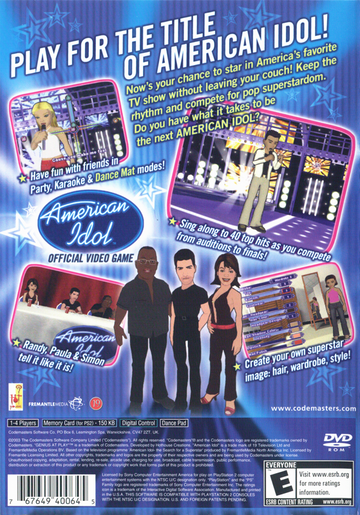 
American Idol | PlayStation 2 | back cover | Region: North America | source-country=United States | Data by MobyGames.com