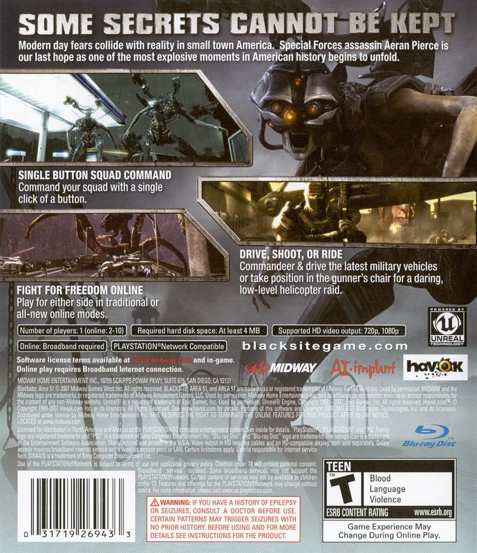 
BlackSite: Area 51 | PlayStation 3 | back cover | Region: North America | source-country=Canada,Mexico,United States | Data by MobyGames.com
