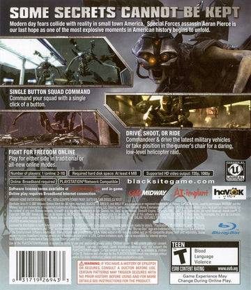 
BlackSite: Area 51 | PlayStation 3 | back cover | Region: North America | source-country=Canada,Mexico,United States | Data by MobyGames.com