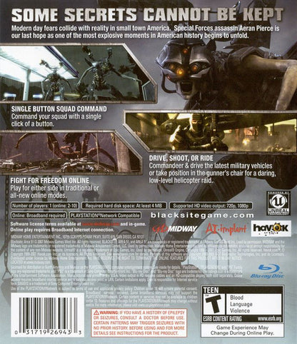 
BlackSite: Area 51 | PlayStation 3 | back cover | Region: North America | source-country=Canada,Mexico,United States | Data by MobyGames.com