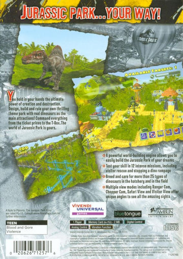 
Jurassic Park: Operation Genesis | PlayStation 2 | back cover | Data by MobyGames.com
