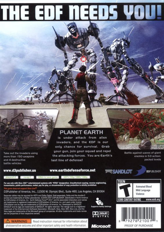 
Earth Defense Force 2017 | Xbox 360 | back cover | Data by MobyGames.com