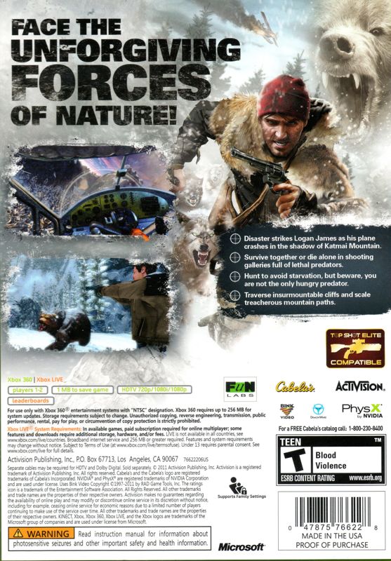 Cabela's Survival: Shadows of Katmai | Xbox 360 | back cover | Region: North America | source-country=United States | Data by MobyGames.com