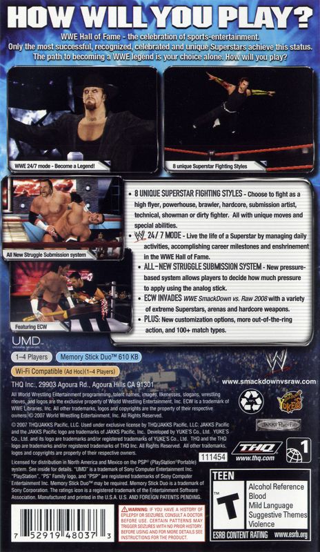 
WWE Smackdown vs. Raw 2008 | PSP | back cover | Region: North America | source-country=United States | Data by MobyGames.com