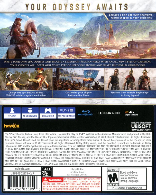 Assassin's Creed: Odyssey | PlayStation 4 | back cover | Region: North America | source-country=United States | Data by MobyGames.com