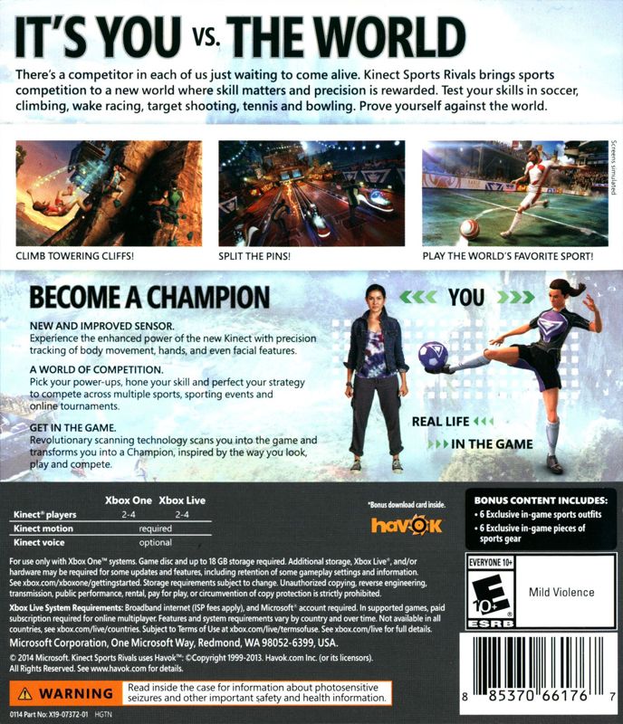 Kinect Sports: Rivals | Xbox One | back cover | Region: North America | source-country=United States | Data by MobyGames.com