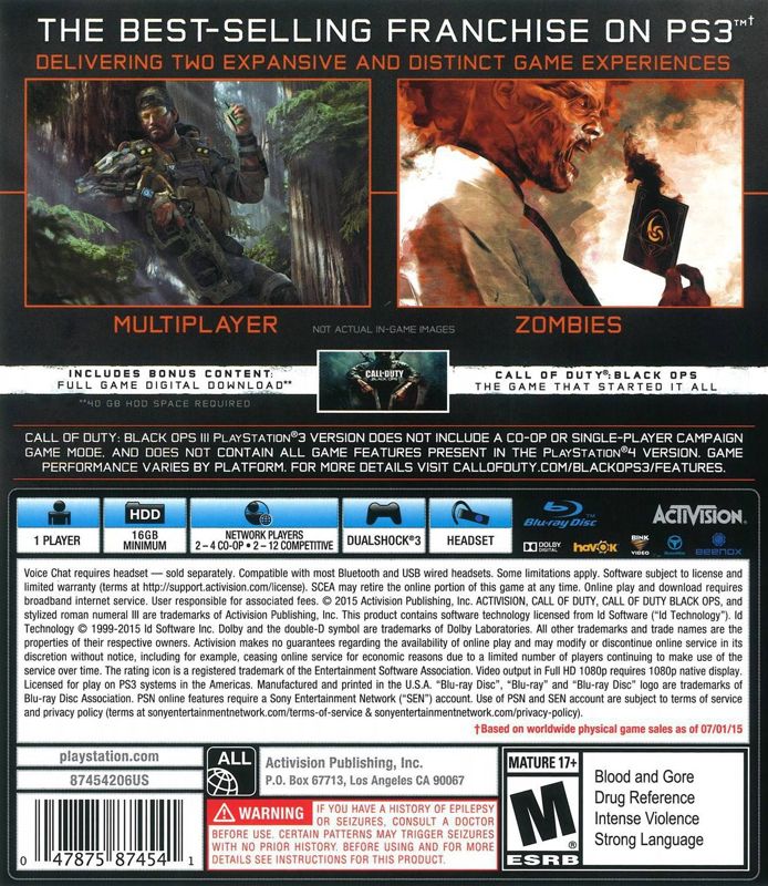 Call of Duty: Black Ops III | PlayStation 3 | back cover | region=North America | source-country=United States | zypher-v2 | moby-aae0bc9b8292 | Data by MobyGames.com