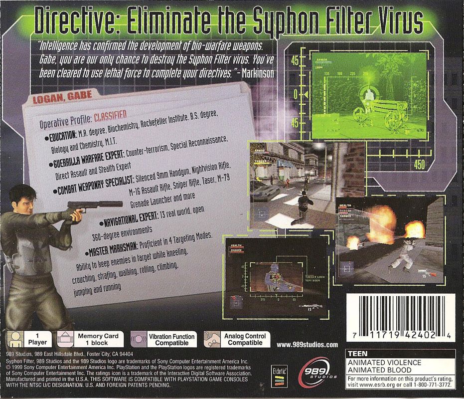 
Syphon Filter | PlayStation | back cover | Data by MobyGames.com