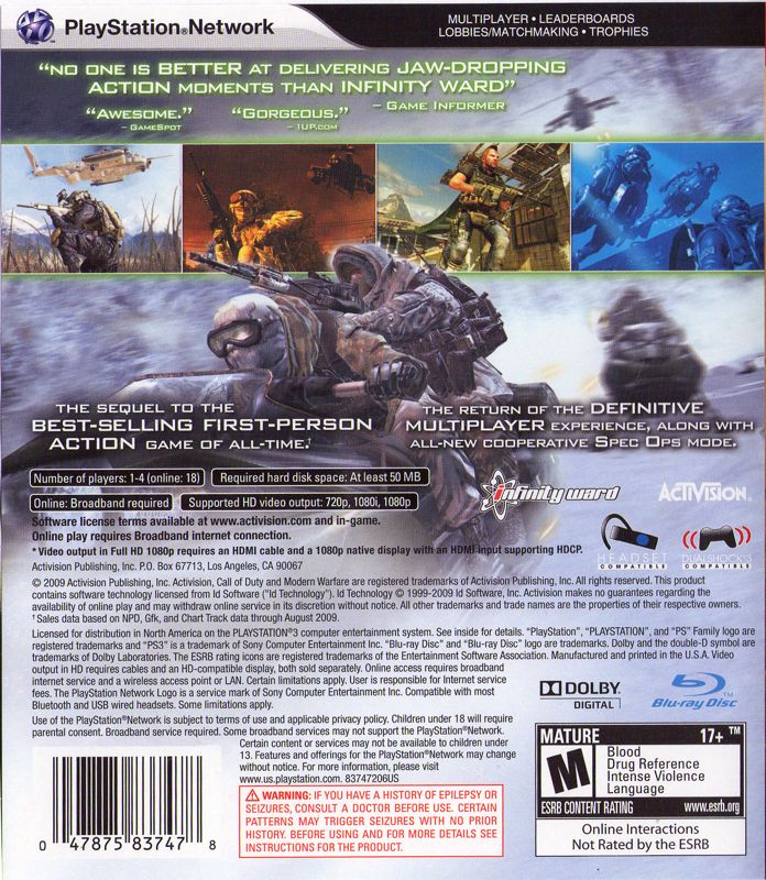 Call of Duty: Modern Warfare 2 | PlayStation 3 | back cover | region=North America | source-country=United States | zypher-v2 | moby-732601b5c4d0 | Data by MobyGames.com