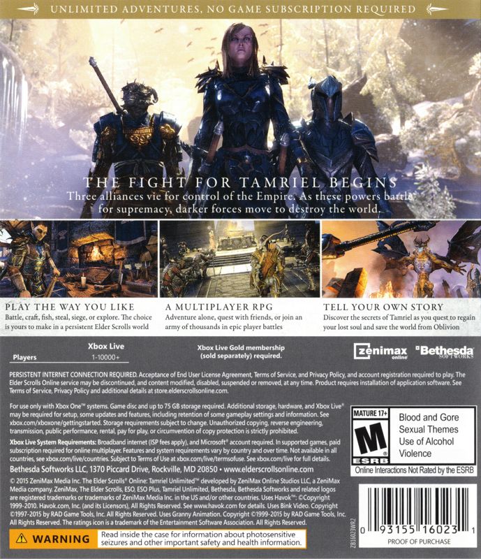 The Elder Scrolls Online: Tamriel Unlimited | Xbox One | back cover | region=North America | source-country=United States | zypher-v2 | moby-be42bfa9a0bb | Data by MobyGames.com