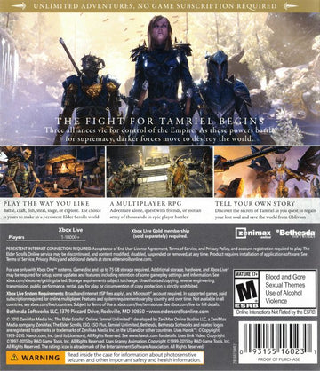 The Elder Scrolls Online: Tamriel Unlimited | Xbox One | back cover | region=North America | source-country=United States | zypher-v2 | moby-be42bfa9a0bb | Data by MobyGames.com