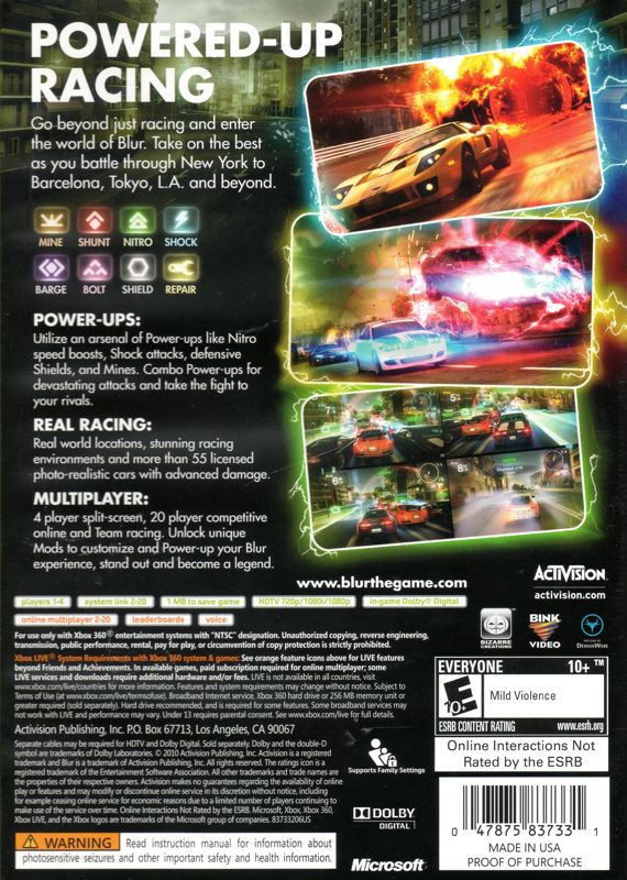 Blur | Xbox 360 | back cover | region=North America | source-country=United States | zypher-v2 | moby-3ddc3bdec8f0 | Data by MobyGames.com
