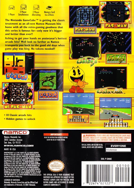 Namco Museum | GameCube | back cover | Data by MobyGames.com