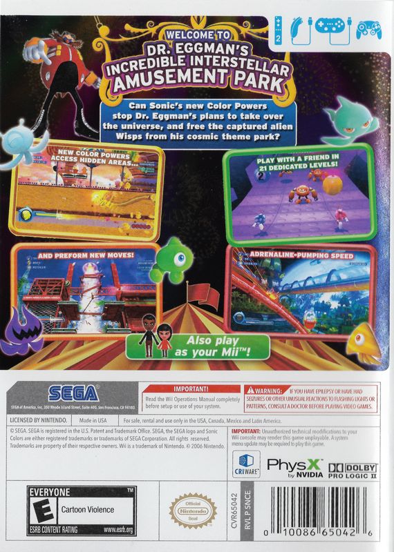 Sonic Colors | Wii | back cover | region=North America | source-country=United States | zypher-v2 | moby-3fb4de76b2c8 | Data by MobyGames.com