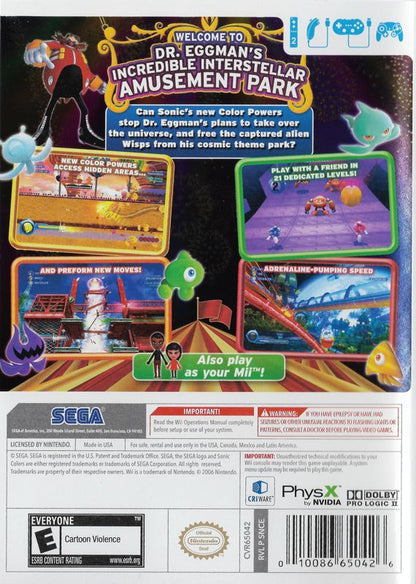 Sonic Colors | Wii | back cover | region=North America | source-country=United States | zypher-v2 | moby-3fb4de76b2c8 | Data by MobyGames.com