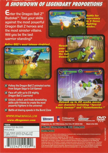 Dragon Ball Z: Budokai | PlayStation 2 | back cover | region=North America | source-country=United States | zypher-v2 | moby-e6b94ce6a05c | Data by MobyGames.com