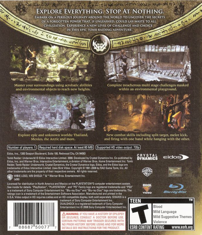 Tomb Raider: Underworld | PlayStation 3 | back cover | region=North America | source-country=Canada,Mexico,United States | zypher-v2 | moby-309f1498b829 | Data by MobyGames.com