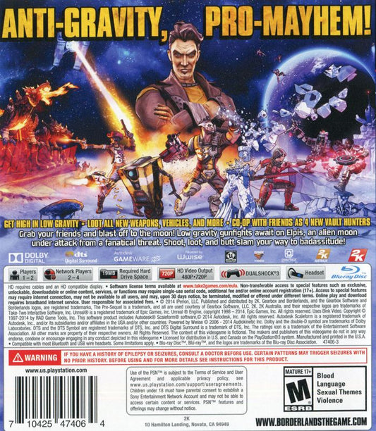 Borderlands: The Pre-Sequel! | PlayStation 3 | back cover | region=North America | source-country=Canada,United States | zypher-v2 | moby-c02be59de271 | Data by MobyGames.com