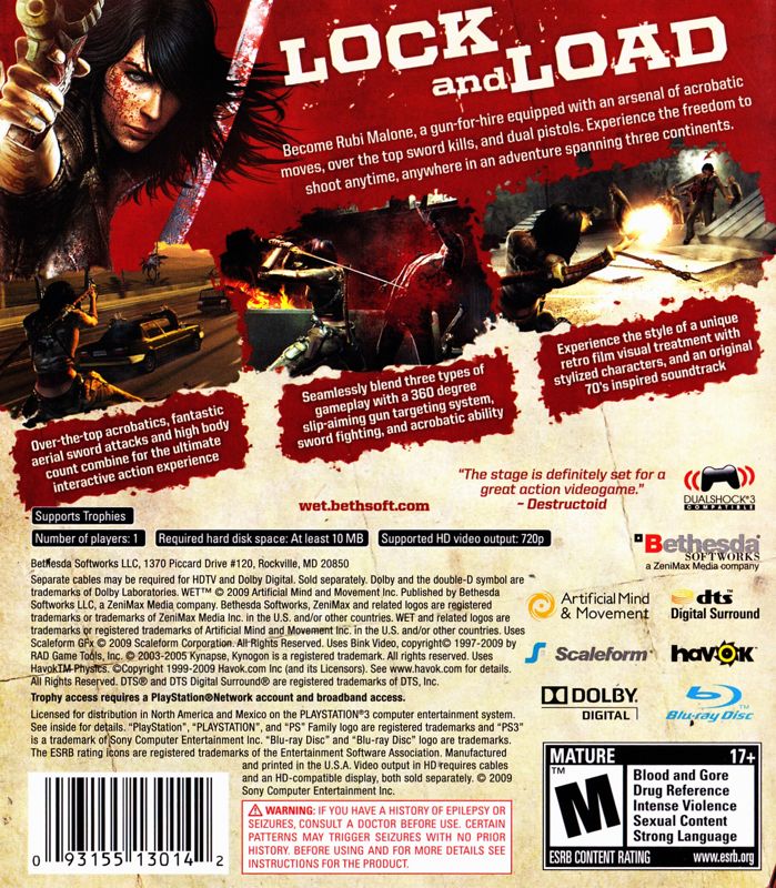 
Wet | PlayStation 3 | back cover | Region: North America | source-country=Canada,Mexico,United States | Data by MobyGames.com