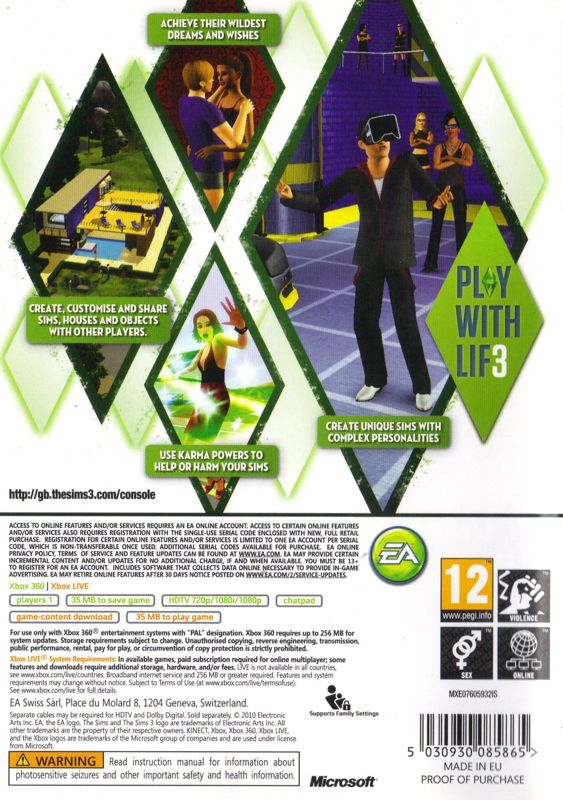 The Sims 3 | Xbox 360 | back cover | region=PAL | source-country=Ireland,United Kingdom | zypher-v2 | moby-cc3be2e614f1 | Data by MobyGames.com