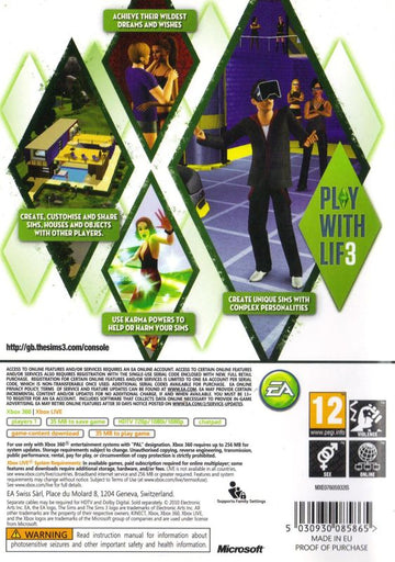 The Sims 3 | Xbox 360 | back cover | region=PAL | source-country=Ireland,United Kingdom | zypher-v2 | moby-cc3be2e614f1 | Data by MobyGames.com
